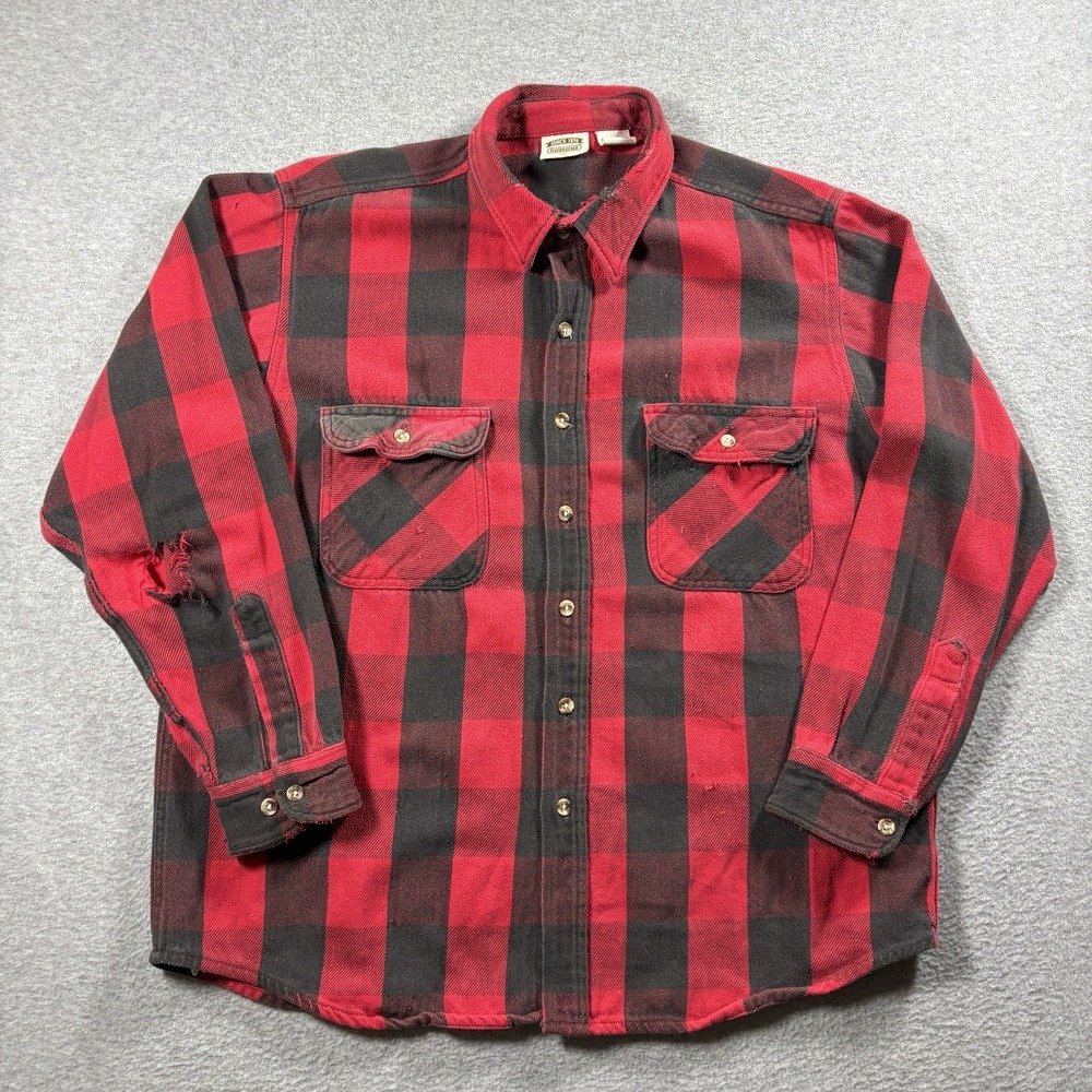 Vtg Five Brother Buffalo Plaid Flannel Shirt XL Distressed Red Black Heavyweight